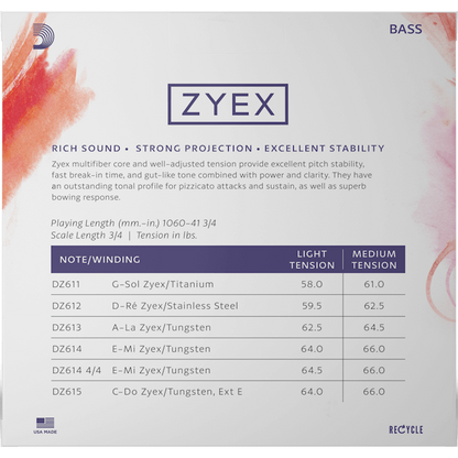 D'Addario Zyex Bass E String – 4/4 Scale – Light Tension