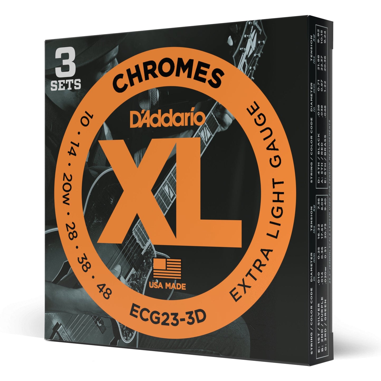 D'Addario ECG23 Chromes Flat Wound Electric Guitar Strings, Extra Light, 10-48, 3 Sets