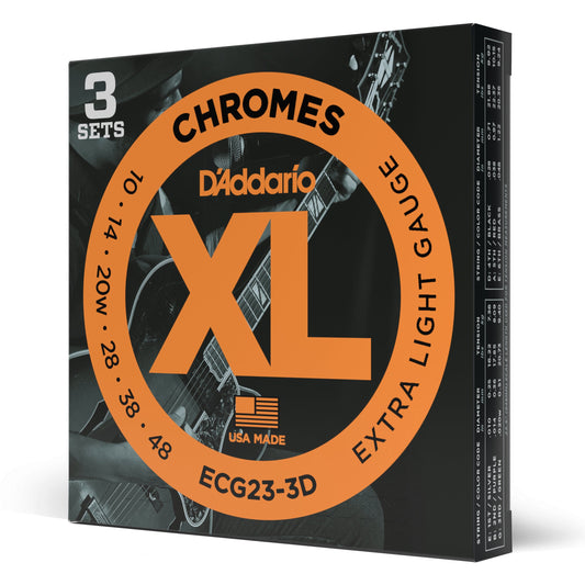 D'Addario ECG23 Chromes Flat Wound Electric Guitar Strings, Extra Light, 10-48, 3 Sets