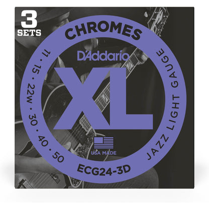 D'Addario ECG24-3D Chromes Flat Wound Electric Guitar Strings, Jazz Light, 11-50, 3 Sets