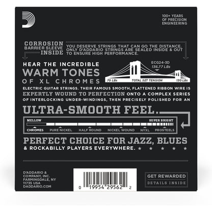 D'Addario ECG24-3D Chromes Flat Wound Electric Guitar Strings, Jazz Light, 11-50, 3 Sets