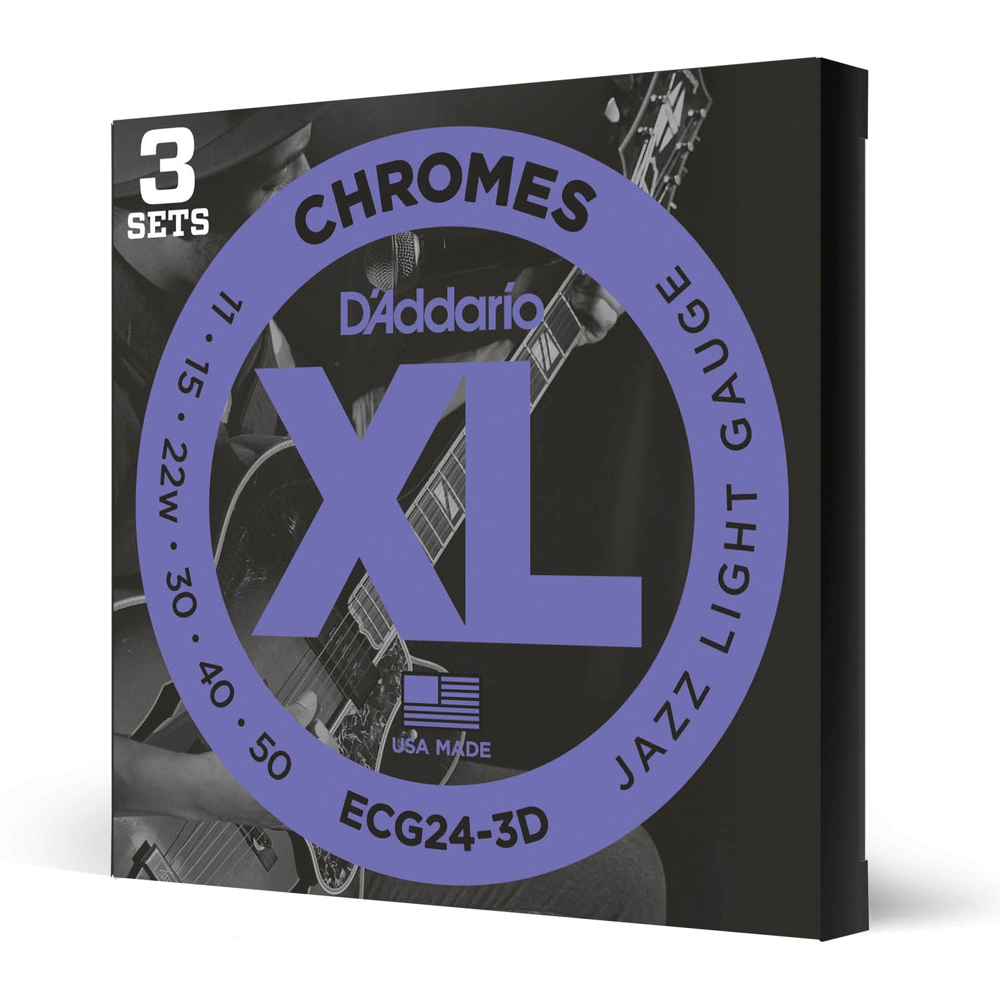 D'Addario ECG24-3D Chromes Flat Wound Electric Guitar Strings, Jazz Light, 11-50, 3 Sets