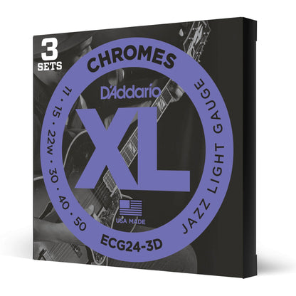 D'Addario ECG24-3D Chromes Flat Wound Electric Guitar Strings, Jazz Light, 11-50, 3 Sets