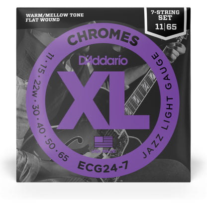 D'Addario ECG24-7 Chromes Flat Wound 7-String Electric Guitar Strings, Jazz Light, 11-65