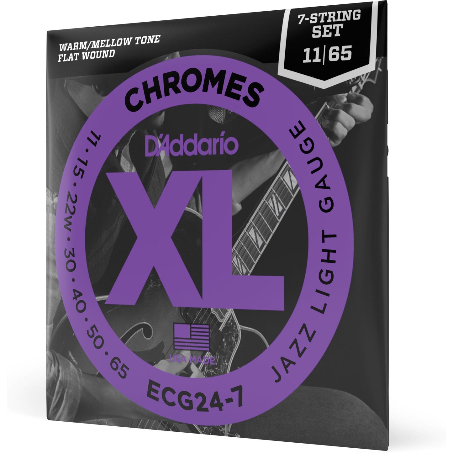 D'Addario ECG24-7 Chromes Flat Wound 7-String Electric Guitar Strings, Jazz Light, 11-65