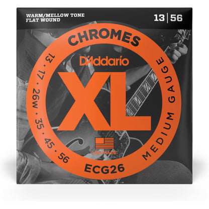 D'Addario ECG26 Chromes Flat Wound Electric Guitar Strings, Medium, 13-56