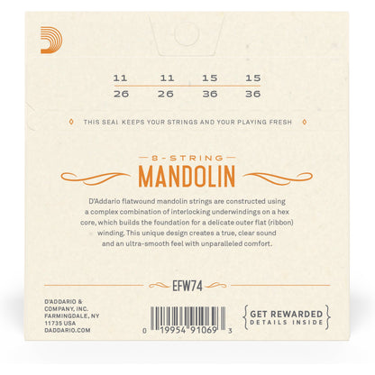 D'Addario EFW74 Flatwound Mandolin Strings, Stainless Steel, Medium, 11-36