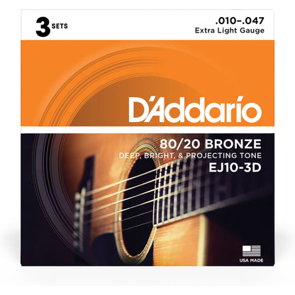 D'Addario EJ10-3D Bronze Acoustic Guitar Strings, Extra Light, 10-47, 3 Sets