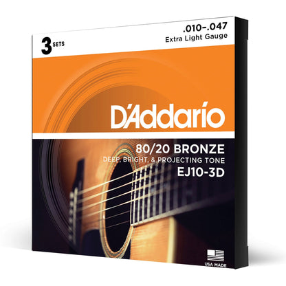 D'Addario EJ10-3D Bronze Acoustic Guitar Strings, Extra Light, 10-47, 3 Sets