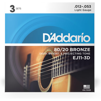 D'Addario EJ11-3D 80/20 Bronze Acoustic Guitar Strings, Light, 12-53, 3 Sets