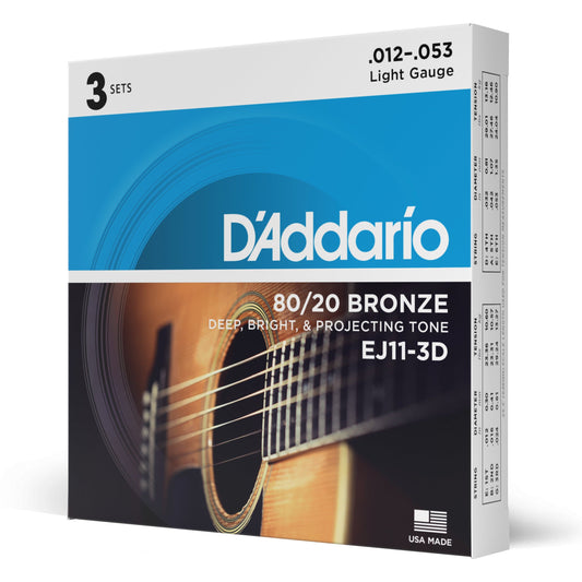 D'Addario EJ11-3D 80/20 Bronze Acoustic Guitar Strings, Light, 12-53, 3 Sets