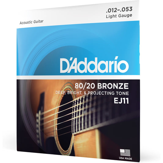 D'Addario EJ11 80/20 Bronze Acoustic Guitar Strings, Light, 12-53