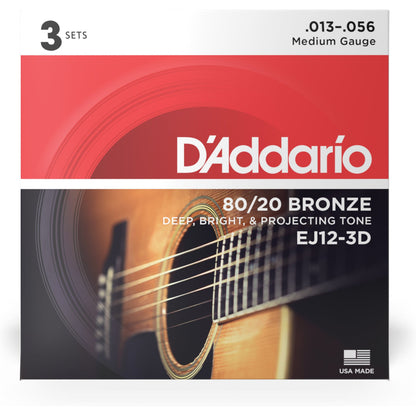 D'Addario EJ12-3D 80/12 Bronze Acoustic Guitar Strings, Medium, 13-56, 3 Sets