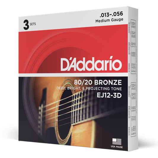 D'Addario EJ12-3D 80/12 Bronze Acoustic Guitar Strings, Medium, 13-56, 3 Sets