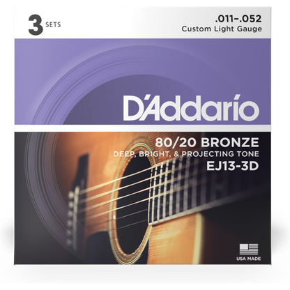 D'Addario EJ13-3D 80/20 Bronze Acoustic Guitar Strings, Custom Light, 11-52, 3 Sets