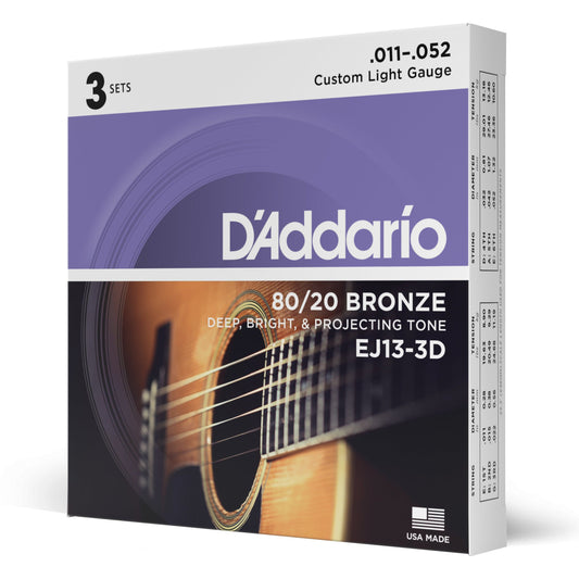 D'Addario EJ13-3D 80/20 Bronze Acoustic Guitar Strings, Custom Light, 11-52, 3 Sets