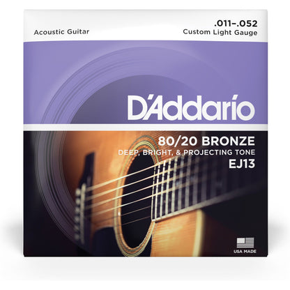 D'Addario EJ13 80/20 Bronze Acoustic Guitar Strings, Custom Light, 11-52