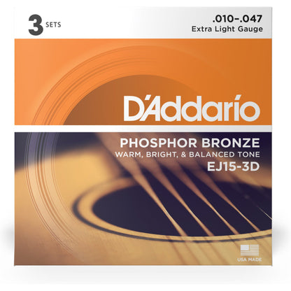 D'Addario EJ15-3D Phosphor Bronze Acoustic Guitar Strings, Extra Light, 3 Sets