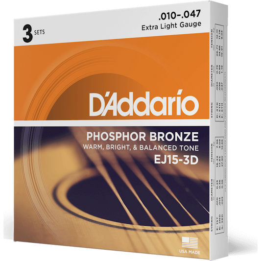 D'Addario Phosphor Bronze Acoustic Guitar Strings – Extra Light – 10-47 (3 Pack)