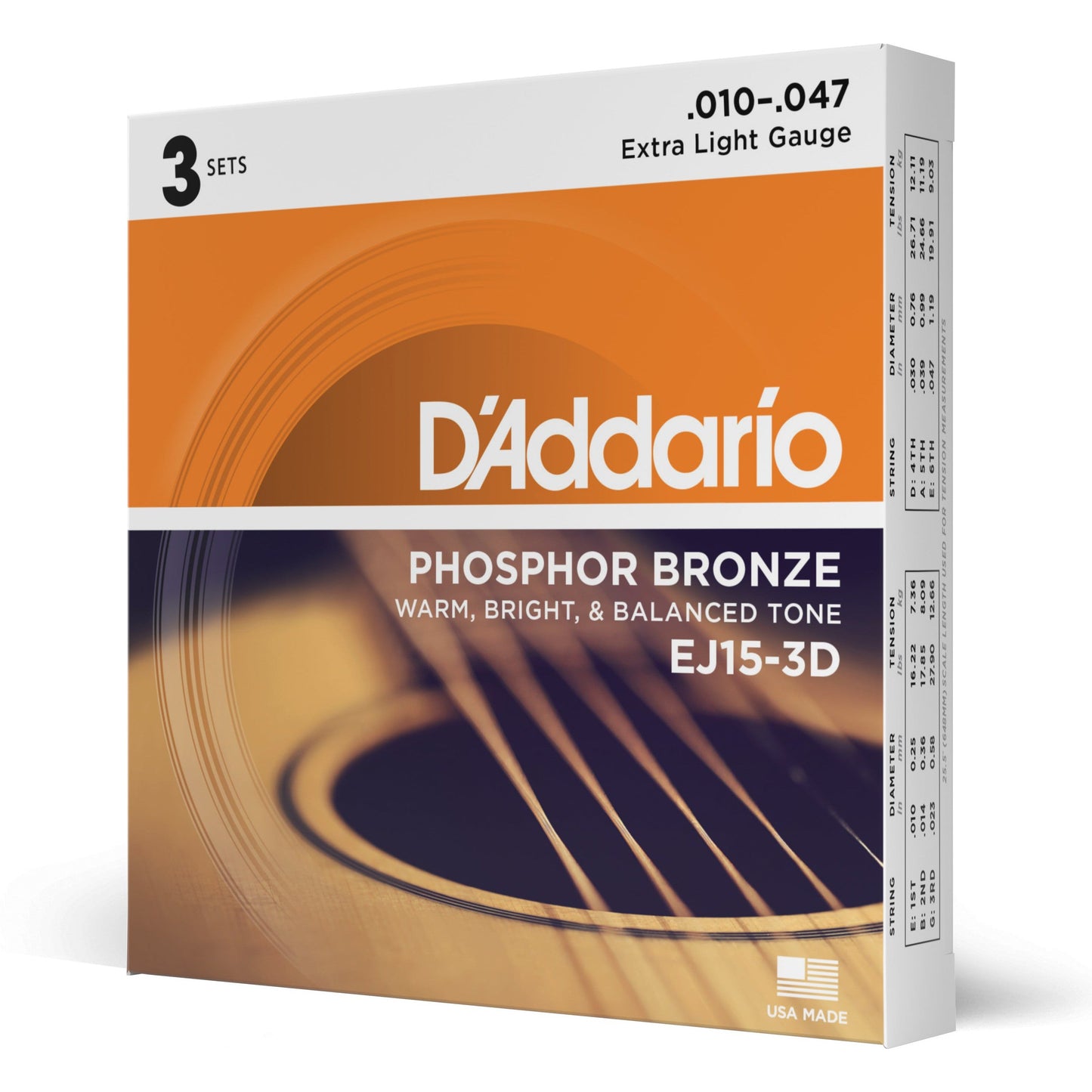 D'Addario EJ15-3D Phosphor Bronze Acoustic Guitar Strings, Extra Light, 3 Sets