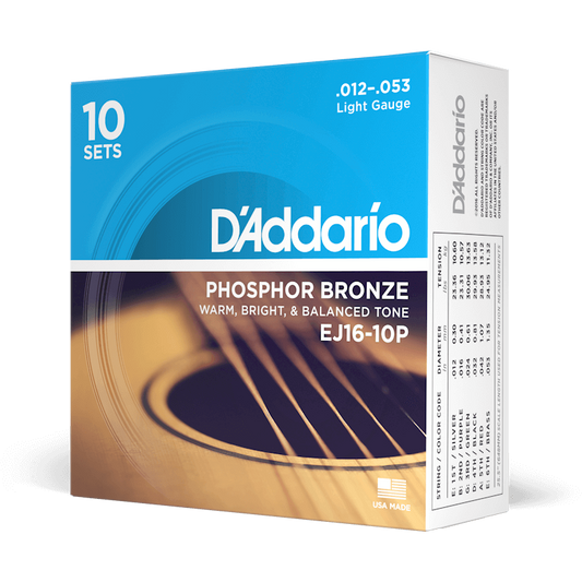 D'Addario Phosphor Bronze Acoustic Guitar Strings – Light – 12-53 (10 Pack)