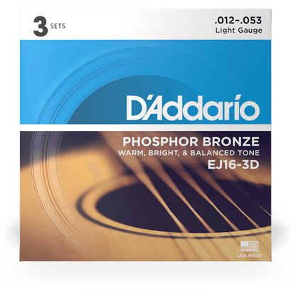 D'Addario Phosphor Bronze Acoustic Guitar Strings – Light – 12-53 (3 Pack)