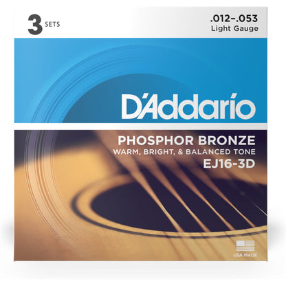 D'Addario EJ16-3D Phosphor Bronze Acoustic Guitar Strings, Light, 3 Sets