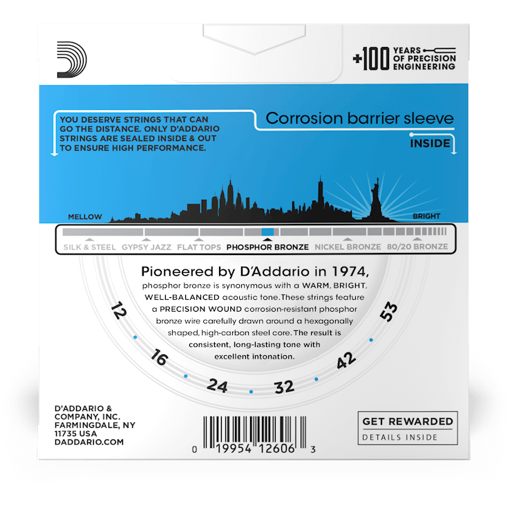 D'Addario Phosphor Bronze Acoustic Guitar Strings – Light – 12-53 (3 Pack)