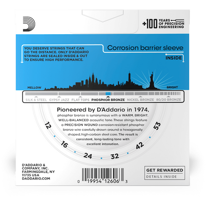 D'Addario Phosphor Bronze Acoustic Guitar Strings – Light – 12-53 (3 Pack)