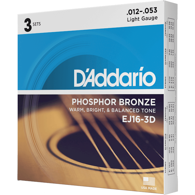 D'Addario Phosphor Bronze Acoustic Guitar Strings – Light – 12-53 (3 Pack)
