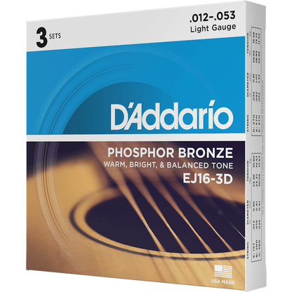 D'Addario Phosphor Bronze Acoustic Guitar Strings – Light – 12-53 (3 Pack)