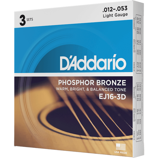 D'Addario Phosphor Bronze Acoustic Guitar Strings – Light – 12-53 (3 Pack)