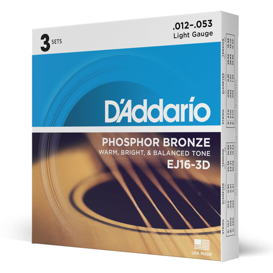 D'Addario EJ16-3D Phosphor Bronze Acoustic Guitar Strings, Light, 3 Sets