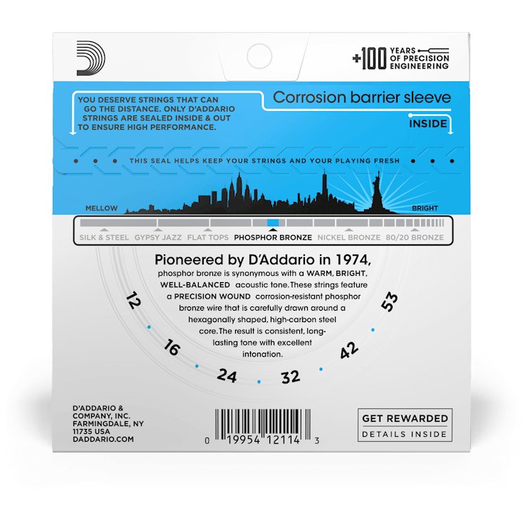 D'Addario Phosphor Bronze Acoustic Guitar Strings – Light – 12-53