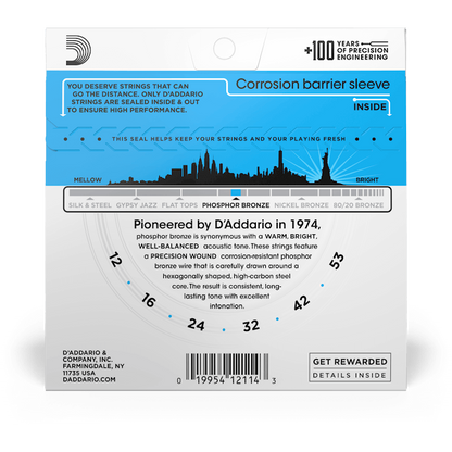 D'Addario Phosphor Bronze Acoustic Guitar Strings – Light – 12-53