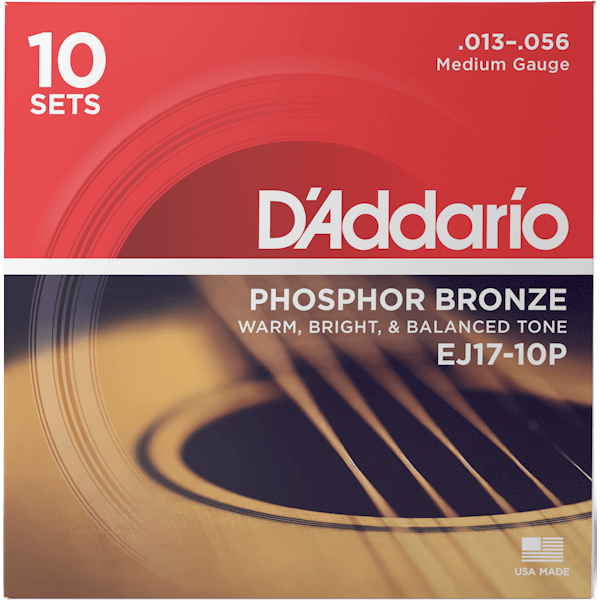 D'Addario Phosphor Bronze Acoustic Guitar Strings – Medium – 13-56 (10 Pack)