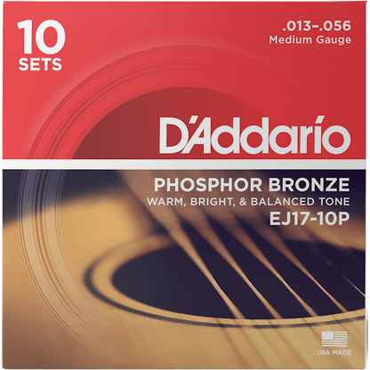 D'Addario Phosphor Bronze Acoustic Guitar Strings – Medium – 13-56 (10 Pack)