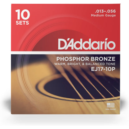 D'Addario EJ17-10P Phosphor Bronze Acoustic Guitar Strings, Medium, 13-56, 10 Sets