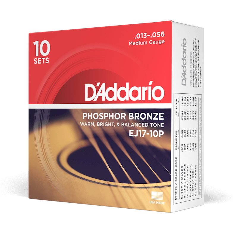 D'Addario Phosphor Bronze Acoustic Guitar Strings – Medium – 13-56 (10 Pack)