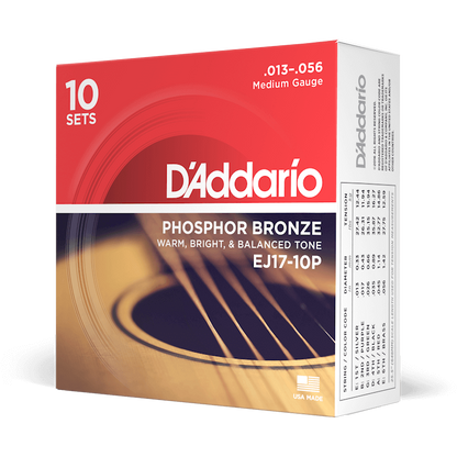 D'Addario Phosphor Bronze Acoustic Guitar Strings – Medium – 13-56 (10 Pack)
