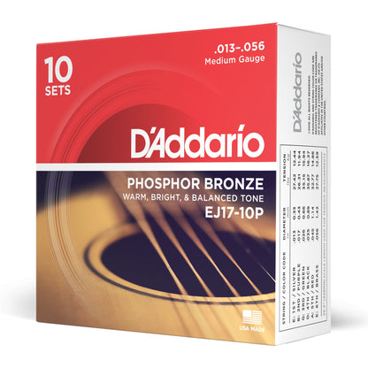 D'Addario EJ17-10P Phosphor Bronze Acoustic Guitar Strings, Medium, 13-56, 10 Sets