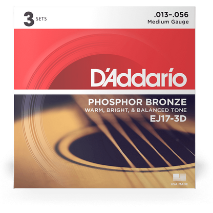 D'Addario Phosphor Bronze Acoustic Guitar Strings – Medium – 13-56 (3 Pack)