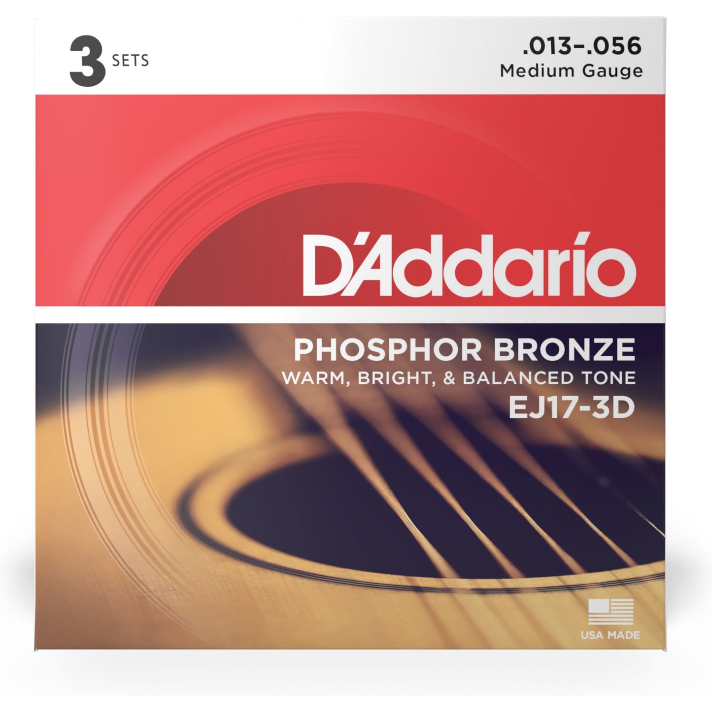 D'Addario EJ17-3D Phosphor Bronze Acoustic Guitar Strings, Medium, 13-56, 3 Sets