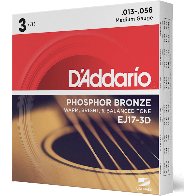 D'Addario Phosphor Bronze Acoustic Guitar Strings – Medium – 13-56 (3 Pack)