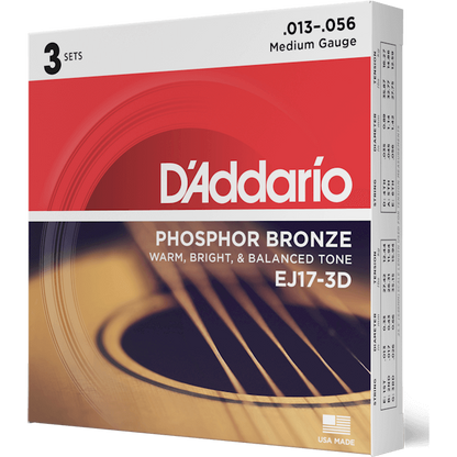 D'Addario Phosphor Bronze Acoustic Guitar Strings – Medium – 13-56 (3 Pack)
