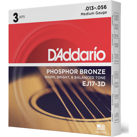 D'Addario Phosphor Bronze Acoustic Guitar Strings – Medium – 13-56 (3 Pack)
