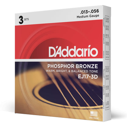 D'Addario EJ17-3D Phosphor Bronze Acoustic Guitar Strings, Medium, 13-56, 3 Sets