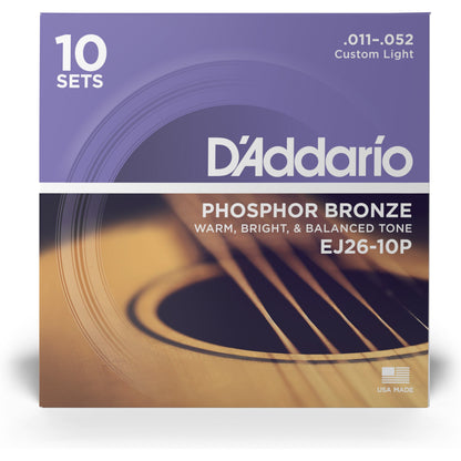 D'Addario EJ26-10P Phosphor Bronze Acoustic Guitar Strings, Custom Light, 11-52, 10 Sets