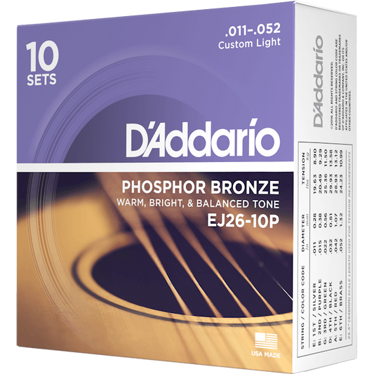 D'Addario Phosphor Bronze Acoustic Guitar Strings – Custom Light – 11-52 (10 Pack)