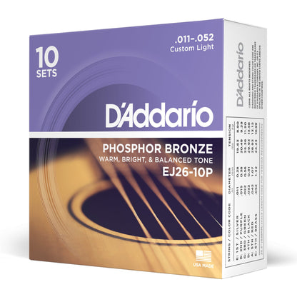 D'Addario EJ26-10P Phosphor Bronze Acoustic Guitar Strings, Custom Light, 11-52, 10 Sets